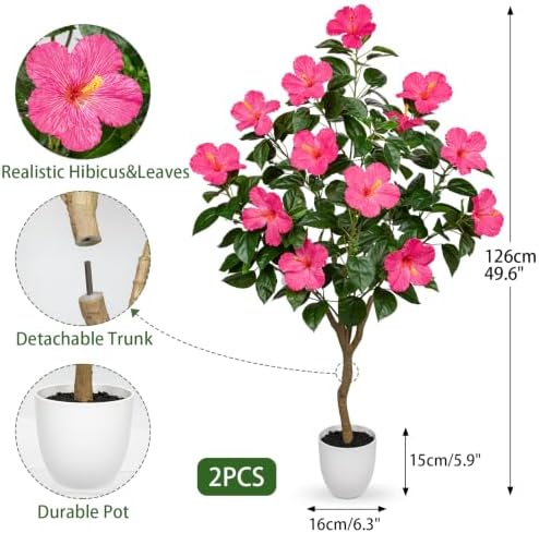 Briful 49.6" Artificial Hibiscus Trees 2 Pack, Faux Tropical Plants, Pink - Image 4