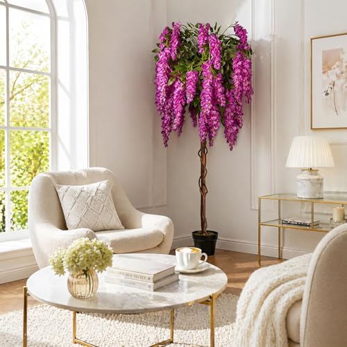 5ft Artificial Wisteria Tree, Fake Tree with Firmly Attached Blooms for Less Shedding, Faux Trees Indoor Outdoor Home Office Living Room Decor, Potted Floor Plant - Image 2
