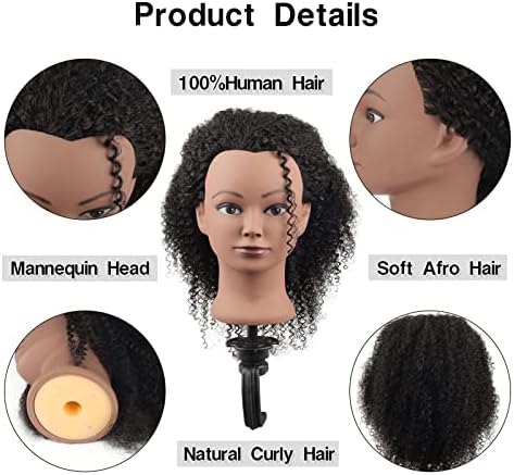 100% Human Hair Mannequin Head Kinky Curly Head Mannequin Real Hair Cosmetology Doll Head for Hair-styling Practice Manikin Training Head With Clamp Stand - Image 4