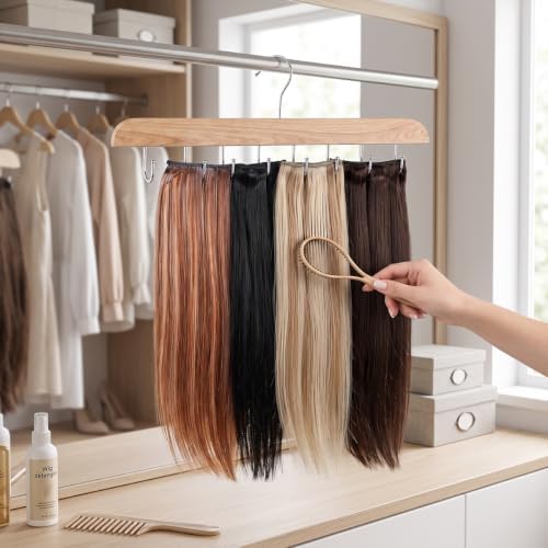 Hair Extension Holder for Hair Storing, Washing, Drying, Coloring, Styling, Foldable Hair Extension Hanger, Braiding Hair Rack, Rotating Multi-Purpose Hooks Hanger (1Pack Natural Color) - Image 3