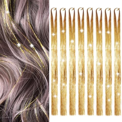Hair Tinsel 8 Packs 1600 Strands 50 Inch Tinsel Hair Extensions Gold Heat Resistant Glitter Sparkling Shinny Fairy Hair Accessories for Women(Gold, 50Inch) by Sala