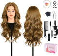 Mannequin Head with 100% Human Hair,22''Real Hair Cosmetology Mannequin Manikin Head Hair Styling Hairdressing Practice Training Doll Head Hairs with Clamp Holder and Tools(Light Brown Blue Eyes) by TopDirect