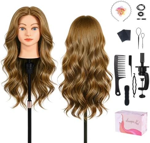 Mannequin Head with 100% Human Hair,22''Real Hair Cosmetology Mannequin Manikin Head Hair Styling Hairdressing Practice Training Doll Head Hairs with Clamp Holder and Tools(Light Brown Blue Eyes) by TopDirect