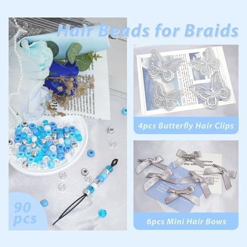 Hair Beads for Braid 100PCS Satin Small Hair Bows 2 Size Embroidery Butterfly Hair Clips Acrylic Pony Beads Loc Dreadlock Kits for Women and Girls - Image 5