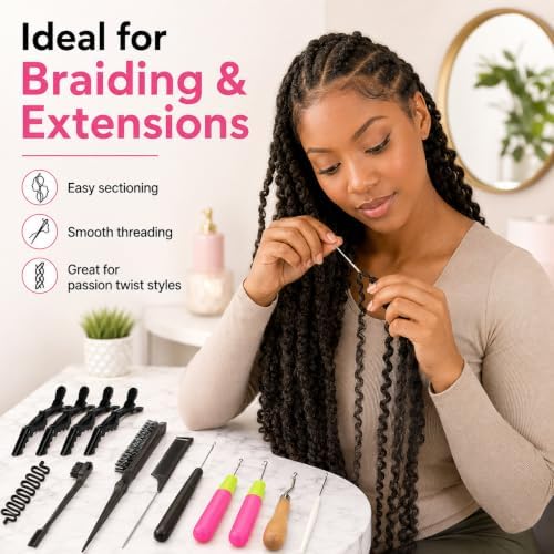 Nalexmi Crochet Hooks for Hair, Latch Hook Crochet Needle Set for Braiding, Locs, Dreadlocks and Passion Twist Extensions, with Tail Comb and Duckbill Hair Clips, Pink Styling Kit (15, Black) - Image 3