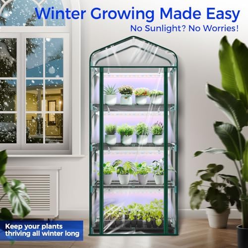Indoor Greenhouse with Grow Light, Ohuhu 4-Tier Mini Green House for Winter - Full Spectrum Greenhouses for Seed Starting Small Portable Green Houses Waterproof PVC Cover & Adjustable Shelves - Image 5