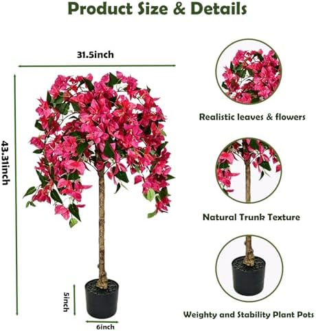 3.7FT Artificial Bougainvillea Tree,Faux Bougainvillea Trees with Pot & Realistic Wood Trunk,Potted Flowering Plant for Indoor Outdoor Home Living Room, Front Porch, Patio, Entryway Garden Decor - Image 2