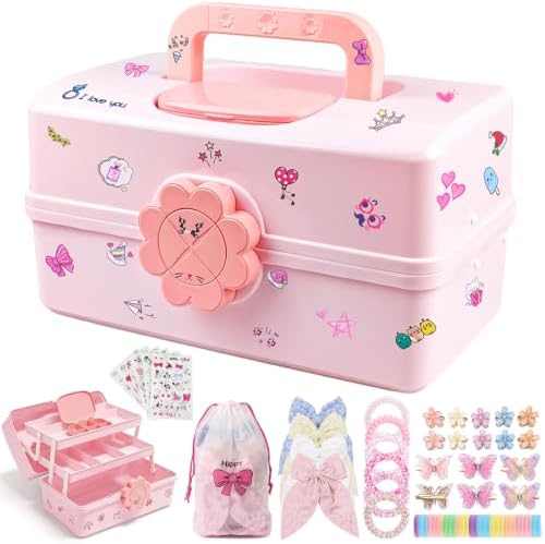 Hair Accessories Organizer 3-Layer Plastic Storage Box with Handle Pink176 by CAMBIODV