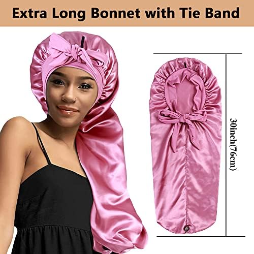 2pcs Long Satin Bonnets with Tie Band, Large Braid Bonnet Silky Hair Cap for Locs Women Sleeping, G - Image 2