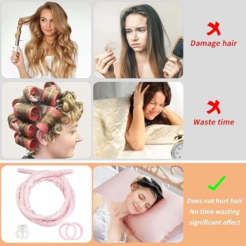 Pinkiou Heatless Hair Curler,Overnight Curls to Sleep In, Satin Velvet No Heat Curling Headband Rollers for Long Medium Hair, Heatless Curling Set with 2 Scrunchies ＆ Clip - Image 4