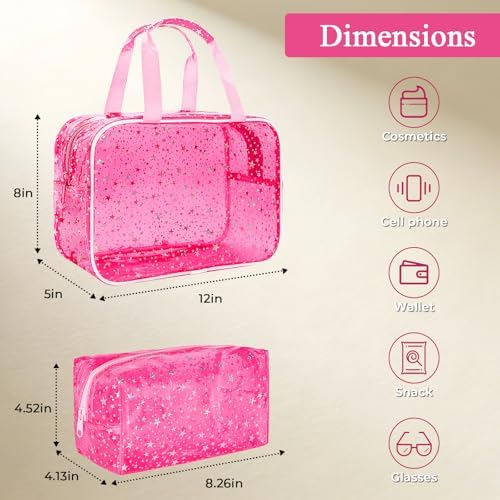2PCS Clear Star Print Waterproof Makeup Bag, Lagre PVC Cosmetic Pouch with Zipper, Travel Toiletry Organizer for Women, Small Personal Item for Travel, Business Trip, Gym & Daily Use (Red) - Image 2