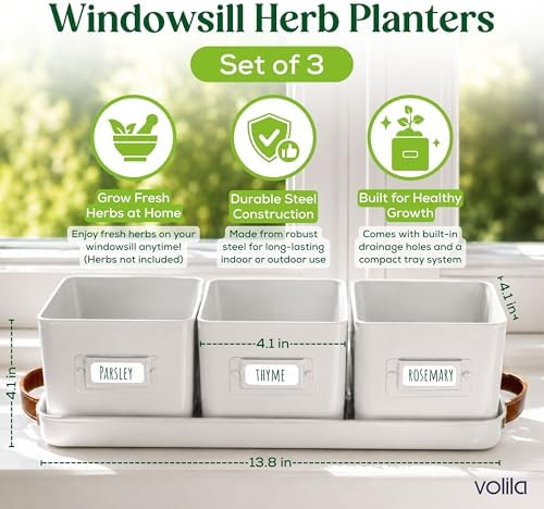 volila Herb Planter Indoor - Set of 3 Warmstone Indoor Herb Garden Pots for Plants with Leather Handled Tray - Window Sill Plant Shelf - Herb Pots with Drainage Holes and Labels - Image 2