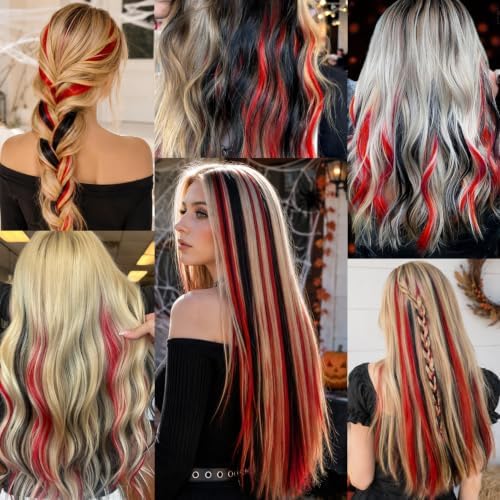 Colored Hair Extensions Clip in Red and Black Hairpiece 14 PCS - Image 6