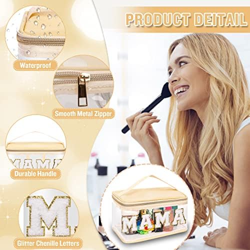 Chenille Letter Clear Makeup Bags Mama Pouch, Preppy Patch Makeup Bag Zipper with Handle, Transparent PVC & Nylon Waterproof Glitter Cosmetic Handbag Travel Toiletry Storage for Women Girl(MAMA-Beige) - Image 3