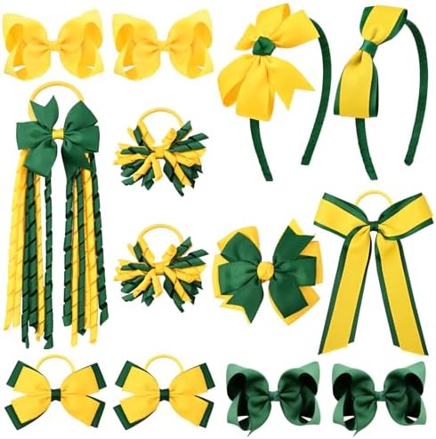 DEEKA Yellow & Green School Hair Accessories Set 13 Pcs Uniform Hair Bow Headband Clips Hair Ties Curly Korker Bows for Little Toddler School Girls (Yellow&Green) by DEEKA