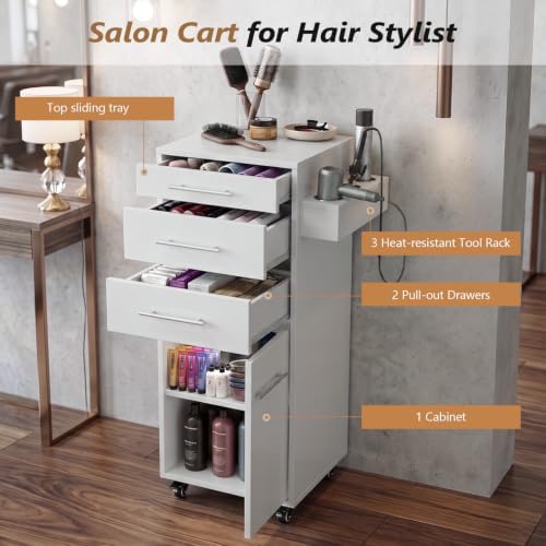 OmySalon Salon Cart with Wheels, Hair Styling Station Trolley with 3 Drawers, Adjustable Shelf & Hair Dryer Holder, Mobile Beauty Cabinet for Barber, Spa, Nail Salon, Upgrade White - Image 3
