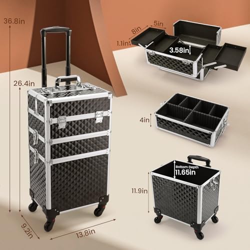 FRENESSA 3 in 1 Rolling Makeup Case Cosmetology Case on Wheel Vintage Black - Image 5