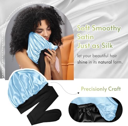BONNET QUEEN Silk Bonnet for Sleeping Satin Bonnet with Tie Hair Wrap Double Layer Sleep Cap for Women Curly Hair, Black Blue - Image 5