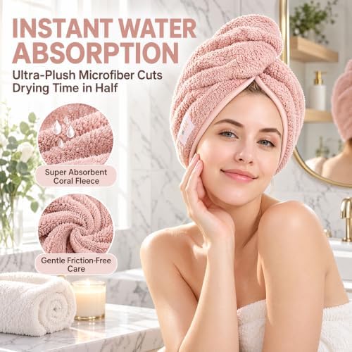 M-bestl 2 Pack Microfiber Hair Towel Wrap with Button,Quick Dry(Pink&Beige) - Image 4