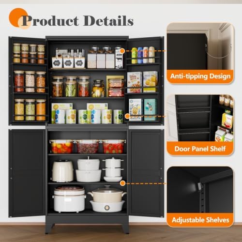 GAIOUS 74.8" Tall Metal Food Cabinet, Black Kitchen Pantry Cabinet Cupboard - Image 5