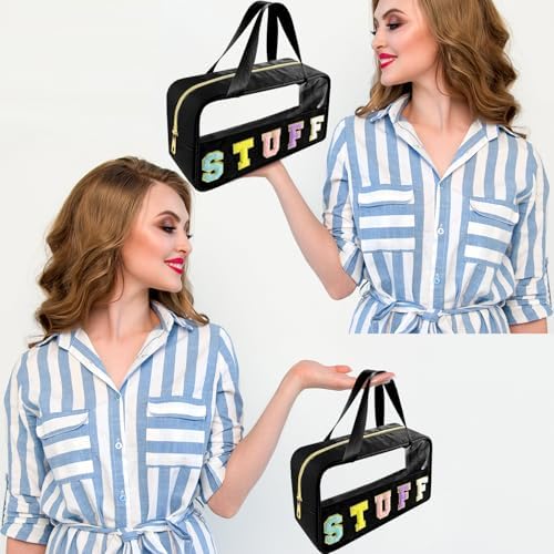 Bunliuys Chenille Letter Clear Makeup Bag Stuff Patch, Travel Toiletry Makeup Bag with Handle, Nylon Waterproof Makeup Bags clear cosmetic bag, preppy patch makeup bag for Women (STUFF-Black) - Image 6