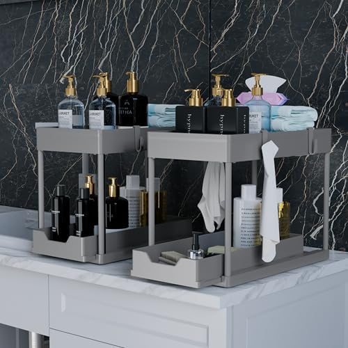 DEKAVA 2 Pack Under Sink Organizer, 2-Tier Sliding Cabinet Basket, Grey - Image 3