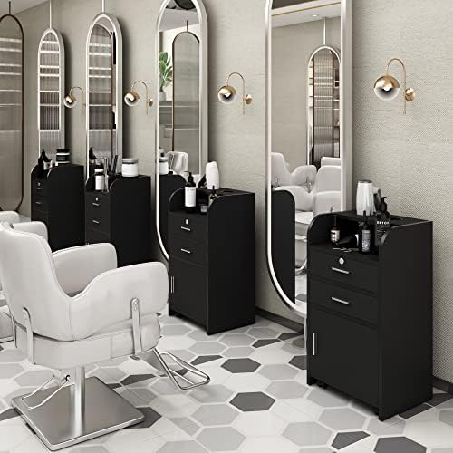 Salon Station,Trolley Cart with Wheels,Storage Cabinet,Black - Image 3