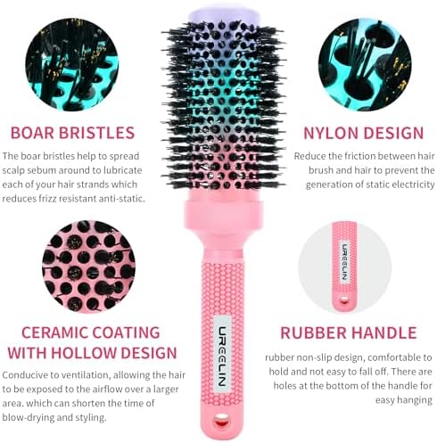 UREELIN Round Brush for Blow Out - 1.7 Inch Nano Thermal Ceramic & Ionic with Boar Bristles - Salon Blow Drying Hair Brush for Drying,Volumizing, Curling, Shine & Smooth Styling - Image 3