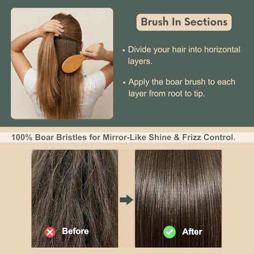 Reccsy 100% Boar Bristle Hair Brush Set with Bamboo Comb for Women - Image 4