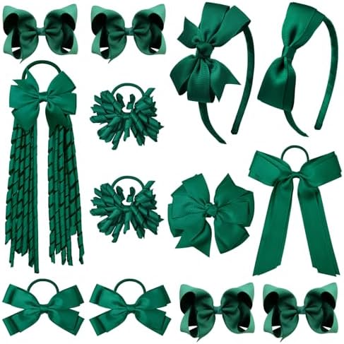 DEEKA Dark Green School Hair Accessories Set 13 Pcs Uniform Hair Bow Headband Clips Hair Ties Curly Korker Bows for Little Toddler School Girls (Dark Green) by DEEKA