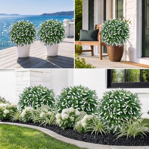 26'' Artificial Topiary Boxwood Ball Trees with White Lavender, Set of 2 Fake Bushes Shrubs for Outdoor with Ground Spike UV Resistant Faux Evergreen Plant Ball for Front Porch Garden Decor - Image 5