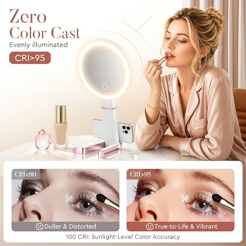 MIYADIVA Travel Makeup Mirror with Lights, Height Adjustable 30X/1X Double-Sided Magnifying Mirror, Portable Vanity Mirror with Digital Display & Phone Holder, Handheld Tabletop Hanging, Rose Gold - Image 6