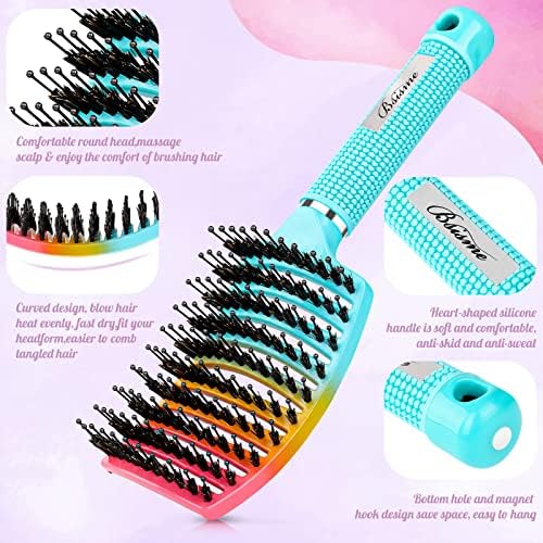 Boar Bristle Hair Brush, Curved Vented Detangler Brush Faster Blow Drying, Paddle Detangling Brush for Women Men Kids Wet Dry Long Curly Thick Straight Hair, Make Hair Shiny and Healthier(Green+Blue) - Image 2
