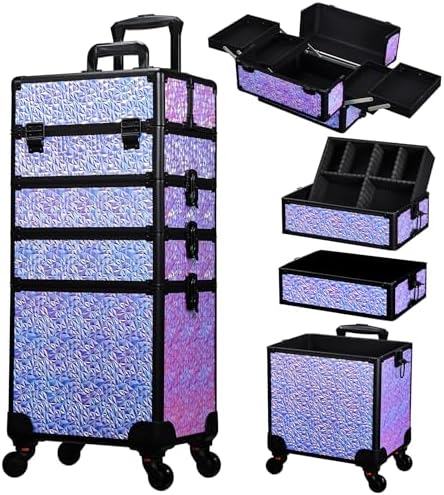 Stagiant Rolling Makeup Case Cosmetology Case on Wheels 4 in 1 Makeup Travel Case Extra Large Cosmetic Box with Key Make Up Artist Traveling Storage Nail Case Salon Barber Cart Trunk Shiny Purple by Stagiant