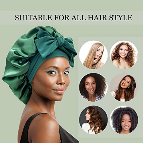 Satin Bonnet Silk Bonnet Hair Bonnet for Sleeping Large Bonnets with Tie Band Wrap with Adjustable Straps Cap Night Sleep Caps for Women Curly Braid Hair(Black,Hunter Green) - Image 4