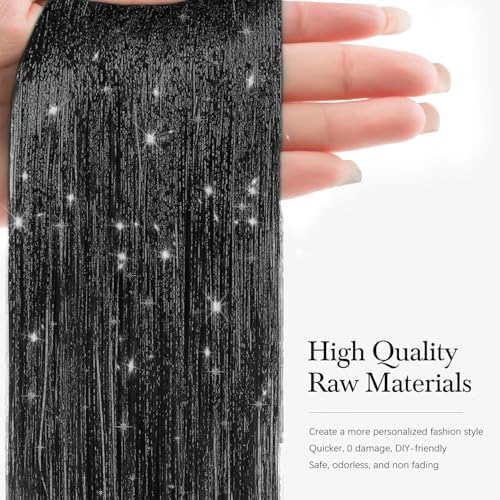 Hair Tinsel 8 Packs 1600 Strands 50 Inch Tinsel Hair Extensions Black Heat Resistant Glitter Sparkling Shinny Fairy Hair Accessories for Women(Black, 50Inch) - Image 2