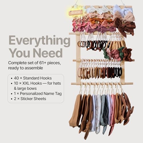 Bow Holder for Girls Hair Bows, Hair Bow Organizer, Headband Holders, Hanger Wall, Clip Organizer, Ribbon Storage for BabyGirl Nursery Wall Decor - Nametag, XXL Hooks, Stickers included - Beige - Image 2