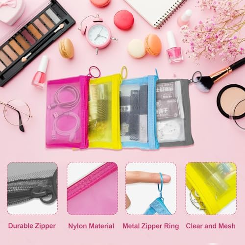 Mini Mesh Pouches(4 Pack), Small Mesh Bags with Zipper Nylon Makeup Pouches Bag Cosmetic Pouch Travel Purse Organizer Insert Diaper Inside Bag Organizers Home Organizing Size See Through Cute Colors - Image 5