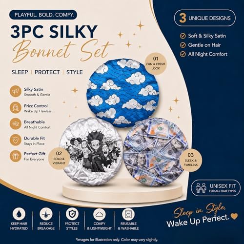 3 PCS Satin Bonnet Set for Women & Men, Silky Sleep Caps for Hair Protection, Adjustable Elastic Bonnet (A11) - Image 2