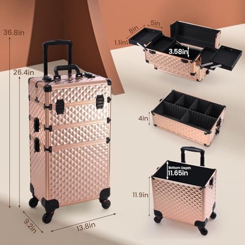 Frenessa Rolling Makeup Train Case 3 in 1 Professional Cosmetic Trolley Large Storage with keys Swivel Wheels Salon Barber Case Traveling Cart Trunk for Make Up Nail Tech - Vintage Rose Gold - Image 5