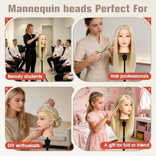 90% Human Hair Mannequin Head,26''Beige Blonde Real Hair Mannequin Head,Cosmetology Manikin Head Doll Hair Styling Hairdressing Practice Training Wig Head with Clamp Holder and Tools - Image 6