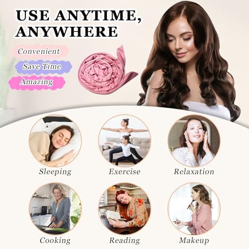 Gwabee No Heat Overnight Curl Headband, 70" Soft Ribbon Curl Wrap for Long Hair - 9 PCS Rods Set with Bonnet, Pink - Image 6