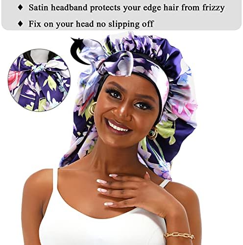 Extra Long Satin Bonnet for Women Sleeping, Silky Elastic Sleep Cap with Tie Band, Double-Layer Long Hair Bonnet for Braids/Curly/Long Hair (Purple Floral) - Image 3