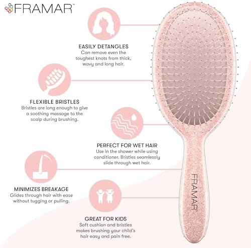 FRAMAR Glitter Hair Brush Detangler, Detangling Hairbrush For Women – Rosé - Image 4