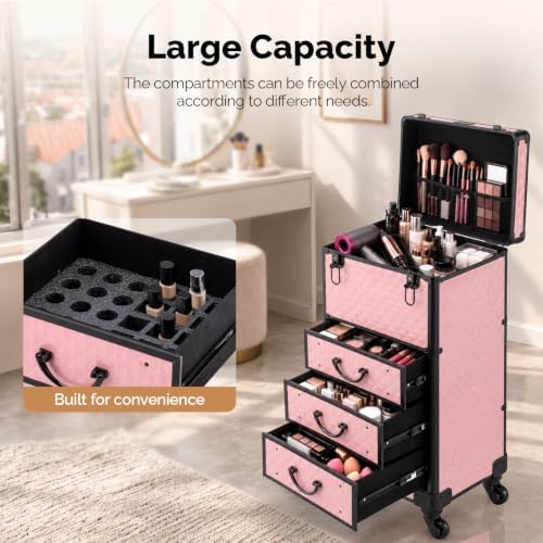 OmySalon Rolling Makeup Train Case with 3 Drawers, Cosmetology Case on Wheels w/Pull Handle and Removable Wheels, Large Cosmetic Organizer Storage Box for Nail Tech, Makeup Artist, Hairstylist(Pink) - Image 3