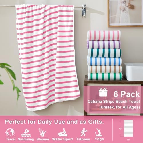 JML Microfiber Bath Towel Set, 30" x 60", 6 Pack, Cabana Stripe Pink - Image 2