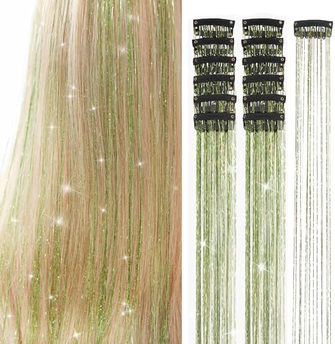 Ubeleco Hair Tinsel Packs of 12Pcs Clip in Hair Tinsel Kit 20.5 Inch Fairy Hair Tinsel Kit for Christmas New Year Tinsel Hair Extensions for Women Girls (12Pcs, Grass Green) by Ubeleco