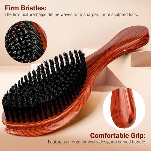 Handle Brushes for 360 Waves - Hard Wave Hair Brushes Wave Styler Great for Wolfing Wave Styler Brush Great for Black Hair - Boar & Nylon Bristle Curve Wave Brush for Barbers & Daily Use (Red) - Image 2
