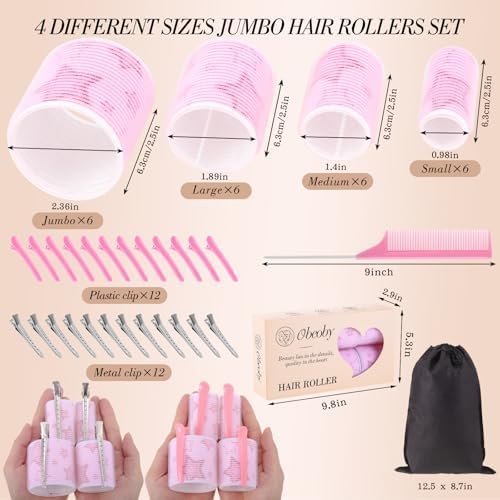 obeoby 4 Sizes Hair Rollers for Women Self-Grip Curlers Set, Pink Star - Image 2