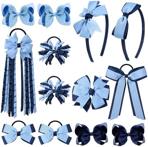 DEEKA Light Blue & Navy School Hair Accessories Set 13 Pcs Uniform Hair Bow Headband Clips Hair Ties Curly Korker Bows for Little Toddler School Girls (Light Blue&Navy) by DEEKA